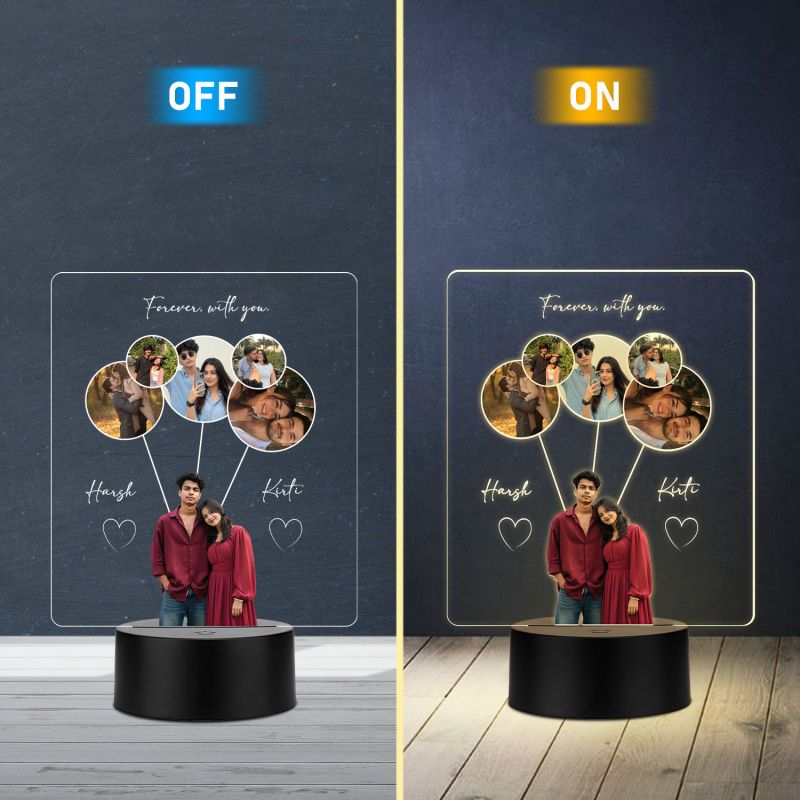 Personalized Photo Collage LED Night Light with Names Forever with You Warm White Base Valentines Day, Birthday Gift for Couples